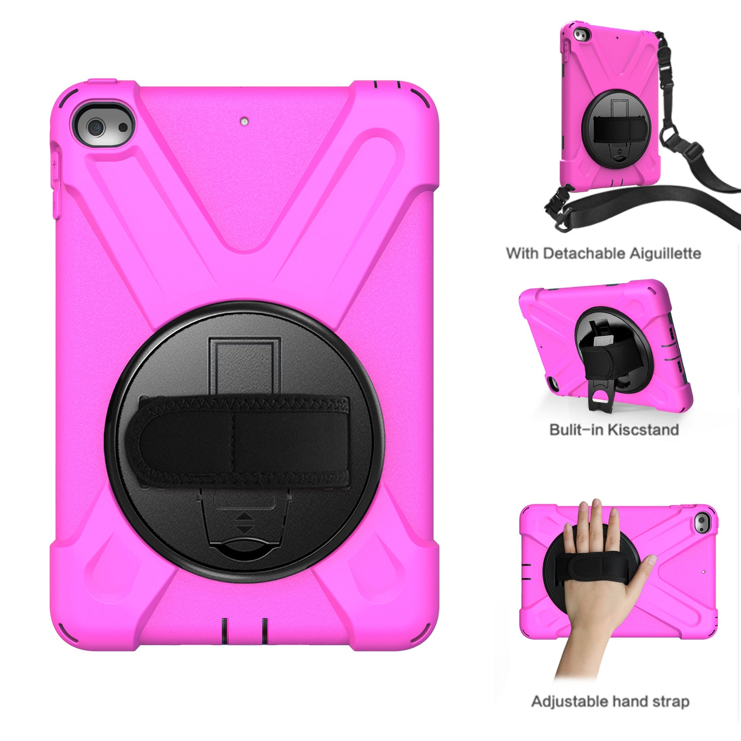 For iPad mini (2019) 7.9 inch / mini 4 X-Shape PC + TPU Rotary Kickstand Cover with Handstrap + Shoulder Strap