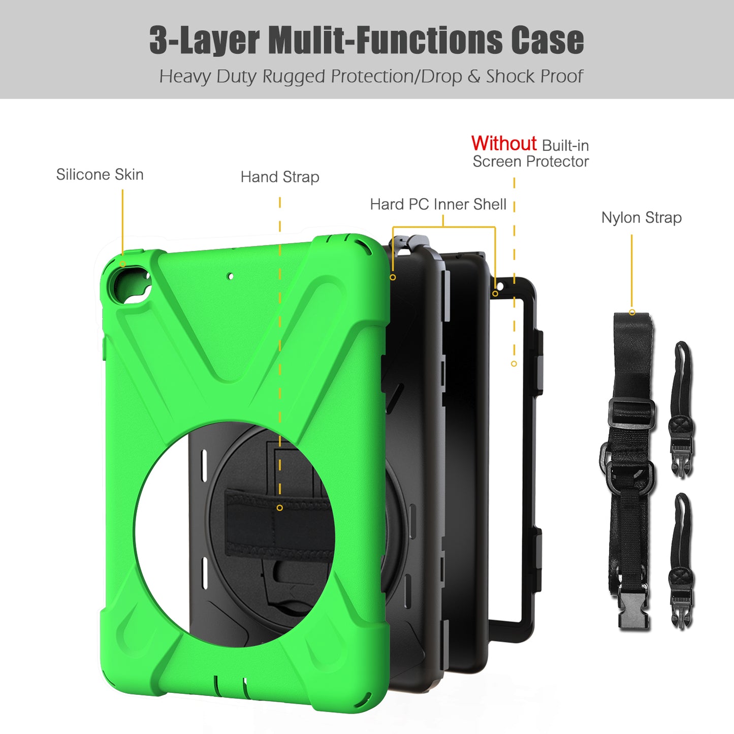 For iPad mini (2019) 7.9 inch / mini 4 X-Shape PC + TPU Rotary Kickstand Cover with Handstrap + Shoulder Strap
