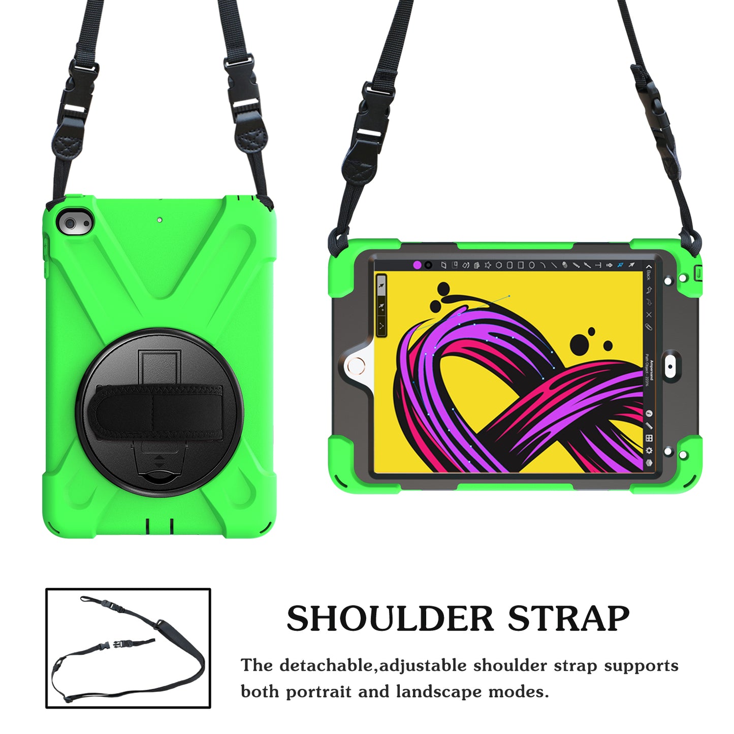 For iPad mini (2019) 7.9 inch / mini 4 X-Shape PC + TPU Rotary Kickstand Cover with Handstrap + Shoulder Strap