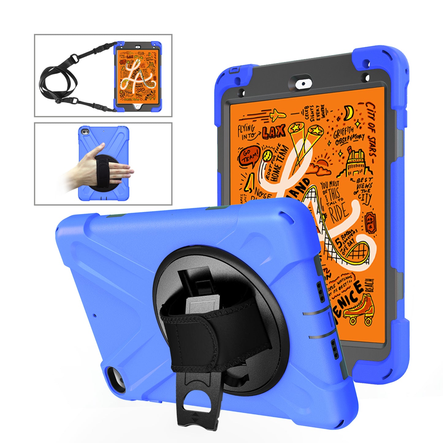 For iPad mini (2019) 7.9 inch / mini 4 X-Shape PC + TPU Rotary Kickstand Cover with Handstrap + Shoulder Strap
