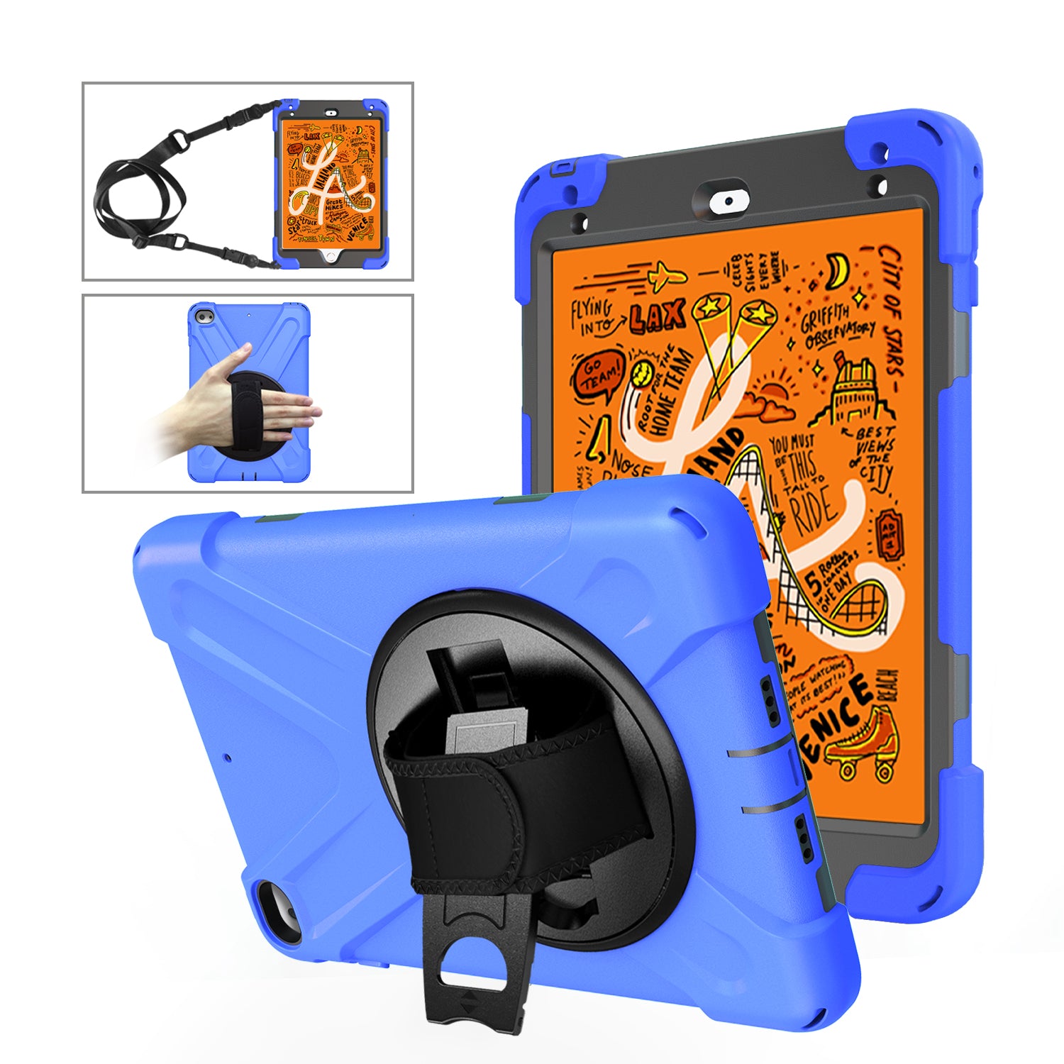 For iPad mini (2019) 7.9 inch / mini 4 X-Shape PC + TPU Rotary Kickstand Cover with Handstrap + Shoulder Strap
