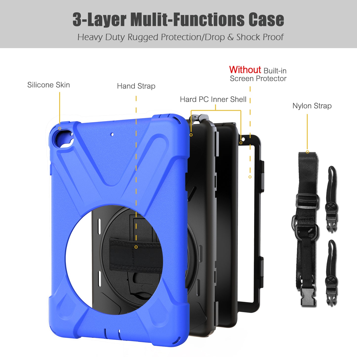 For iPad mini (2019) 7.9 inch / mini 4 X-Shape PC + TPU Rotary Kickstand Cover with Handstrap + Shoulder Strap