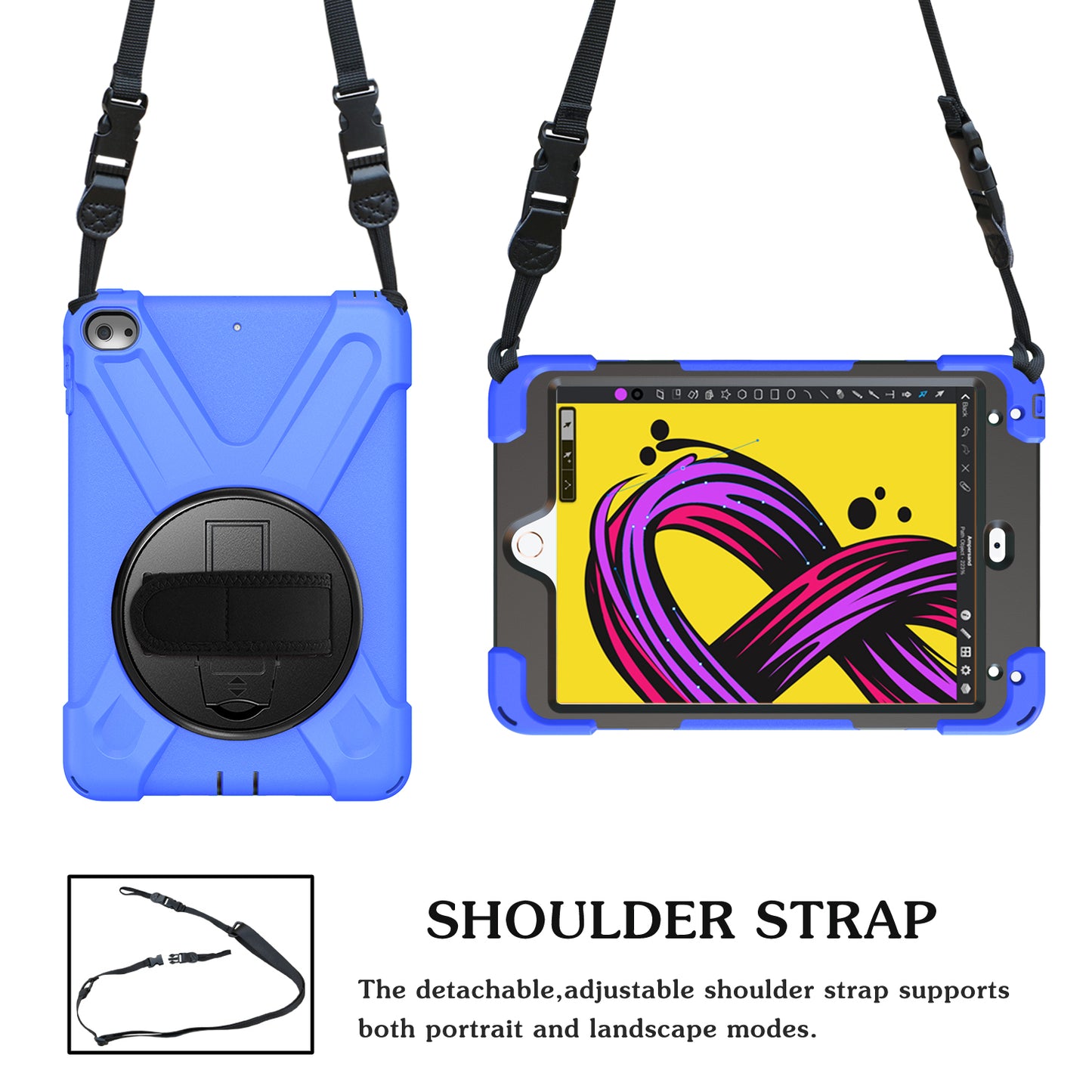 For iPad mini (2019) 7.9 inch / mini 4 X-Shape PC + TPU Rotary Kickstand Cover with Handstrap + Shoulder Strap