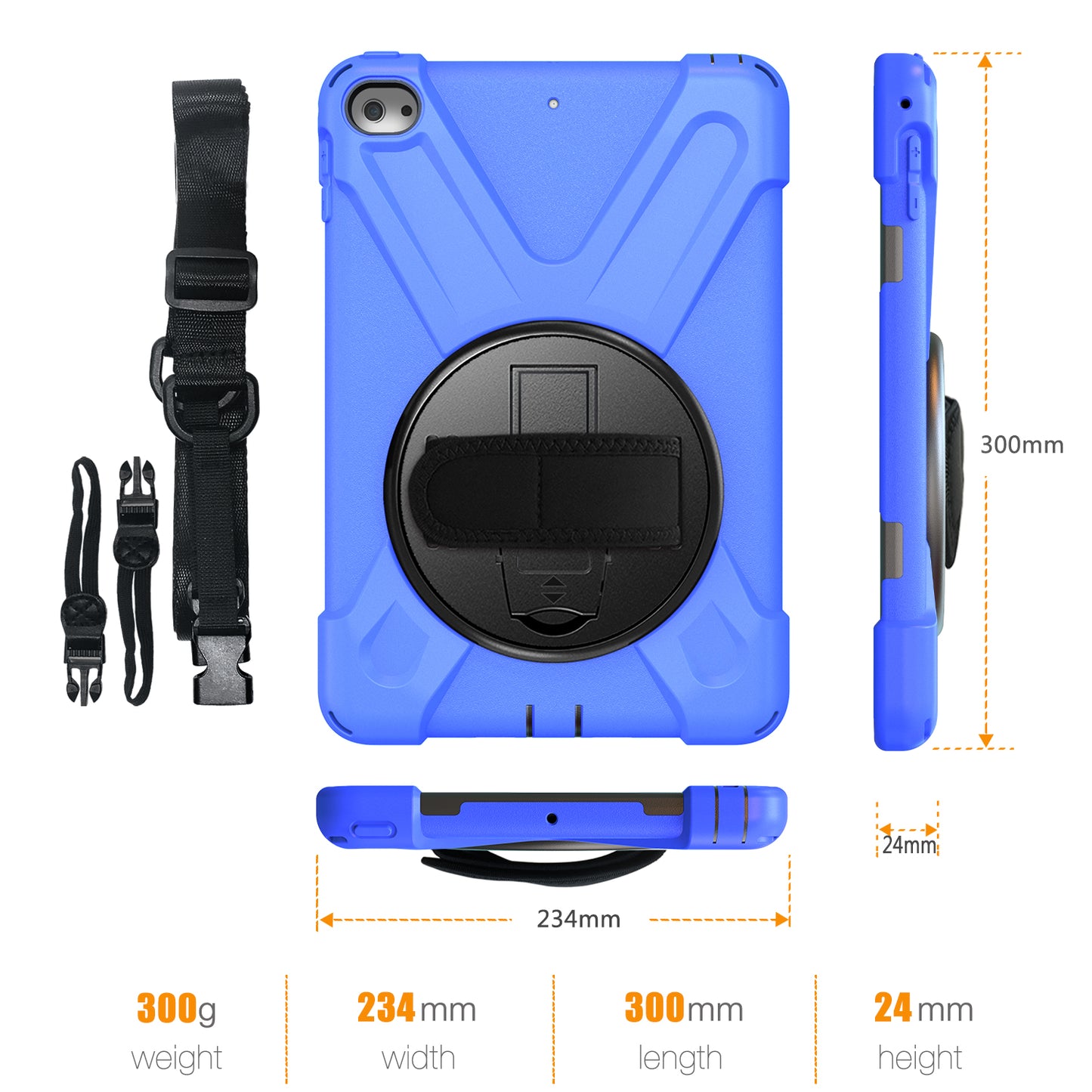 For iPad mini (2019) 7.9 inch / mini 4 X-Shape PC + TPU Rotary Kickstand Cover with Handstrap + Shoulder Strap