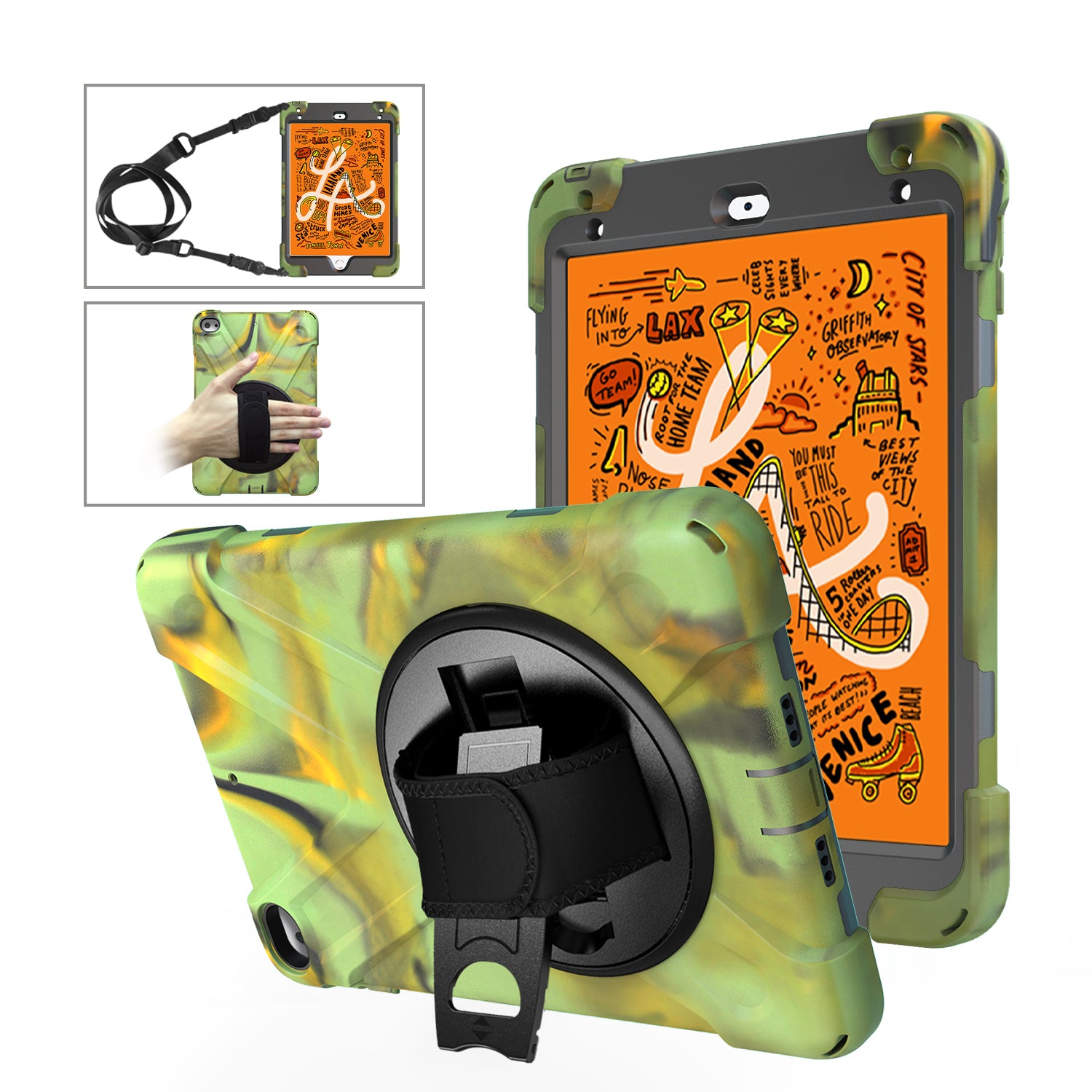 For iPad mini (2019) 7.9 inch / mini 4 X-Shape PC + TPU Rotary Kickstand Cover with Handstrap + Shoulder Strap