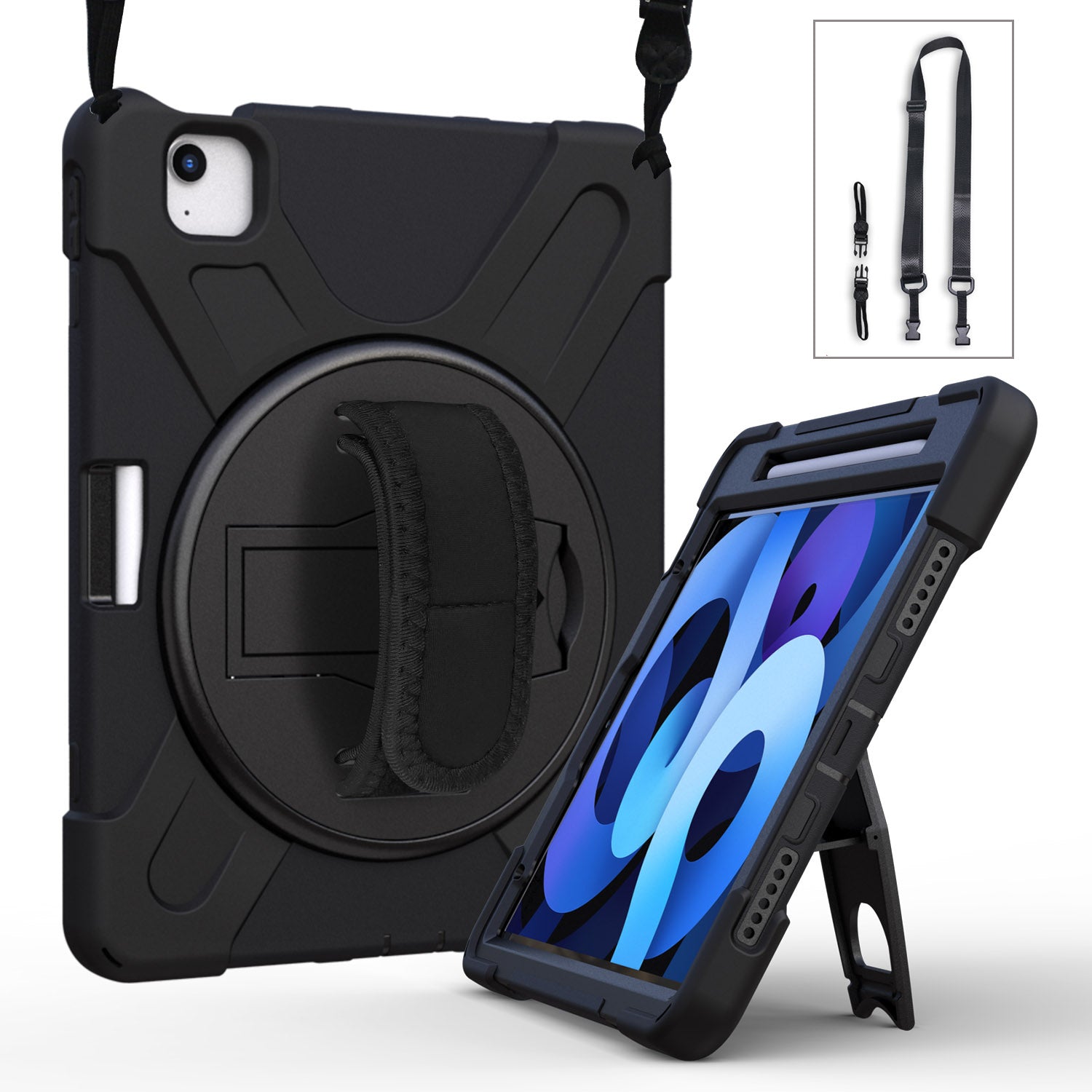 For iPad Air (2020)/Air (2022) / Pro 11-inch (2021)(2020)(2018) X-Shape 360 Degree Swivel PC + Silicone (with Pen Slot) Combo Kickstand Case with Hand Holder Strap Shoulder Strap