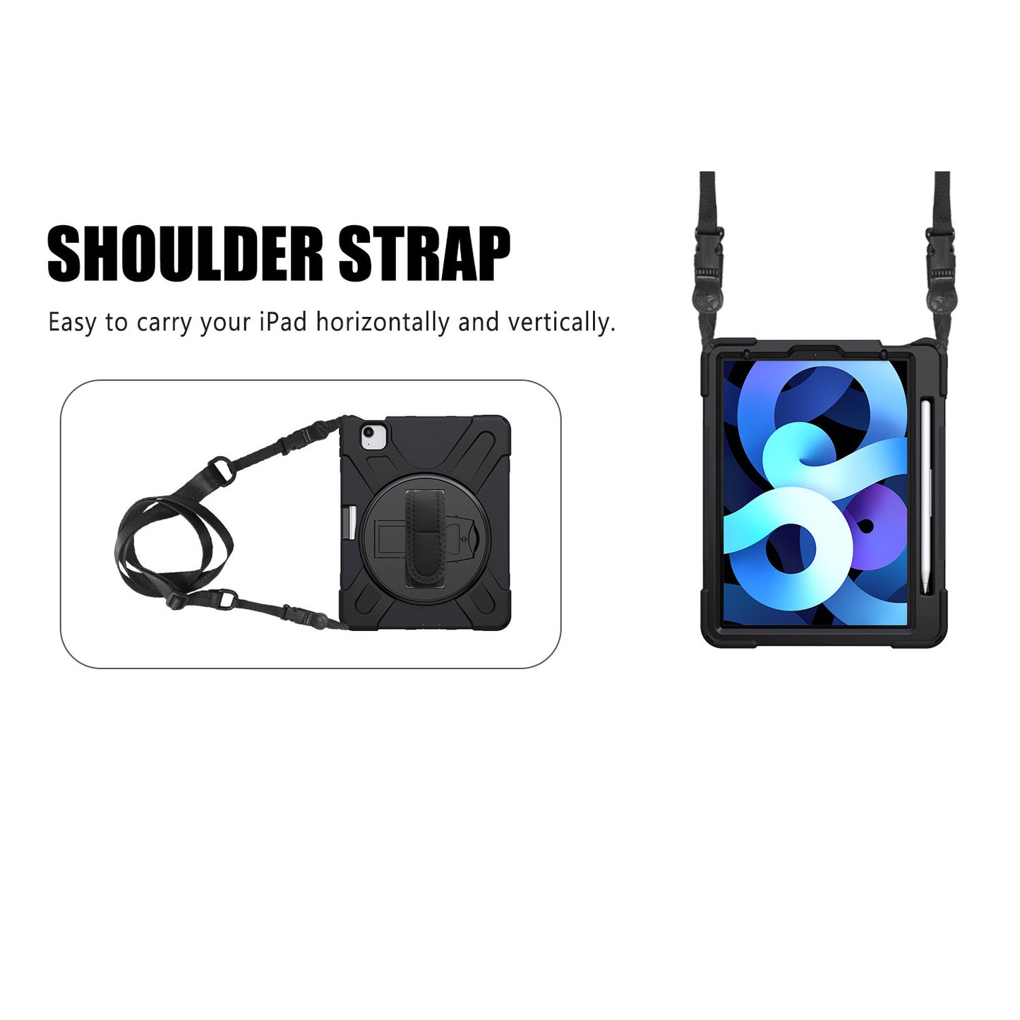 For iPad Air (2020)/Air (2022) / Pro 11-inch (2021)(2020)(2018) X-Shape 360 Degree Swivel PC + Silicone (with Pen Slot) Combo Kickstand Case with Hand Holder Strap Shoulder Strap