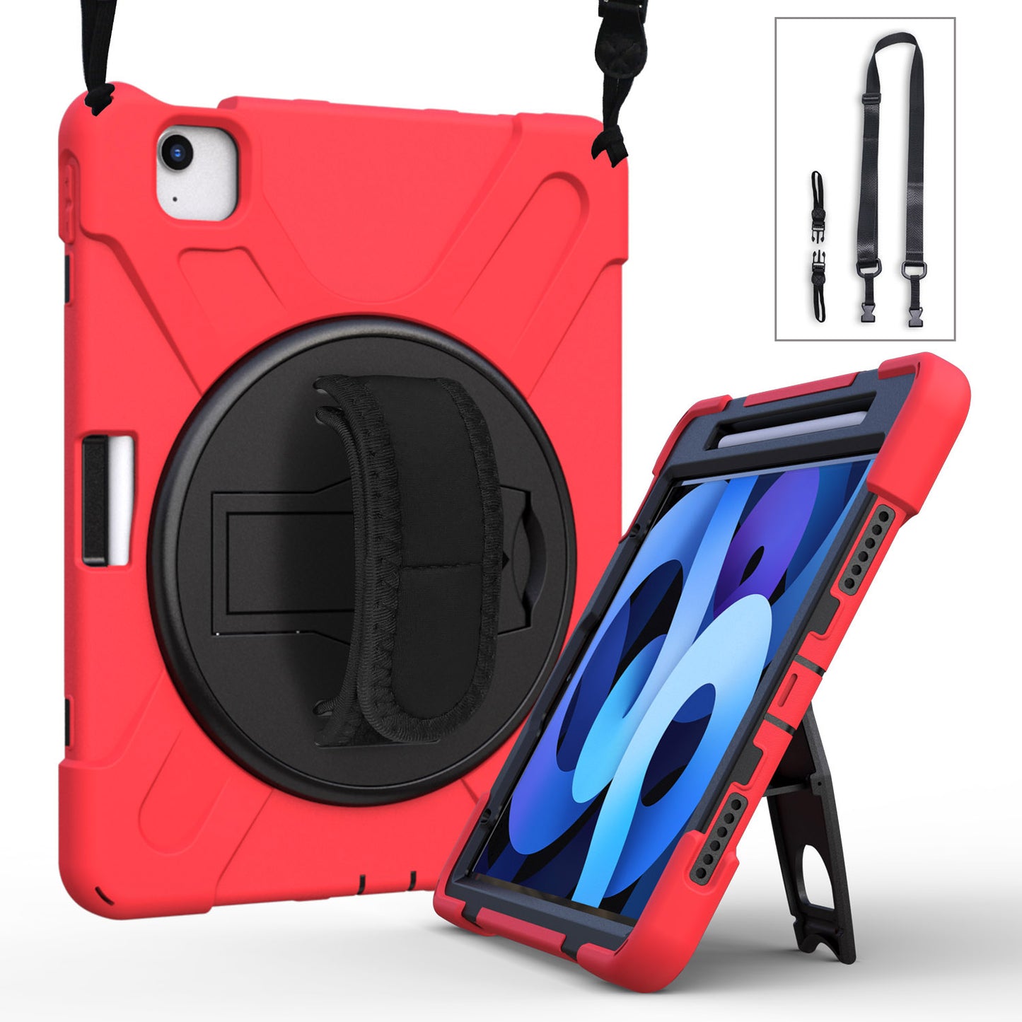 For iPad Air (2020)/Air (2022) / Pro 11-inch (2021)(2020)(2018) X-Shape 360 Degree Swivel PC + Silicone (with Pen Slot) Combo Kickstand Case with Hand Holder Strap Shoulder Strap
