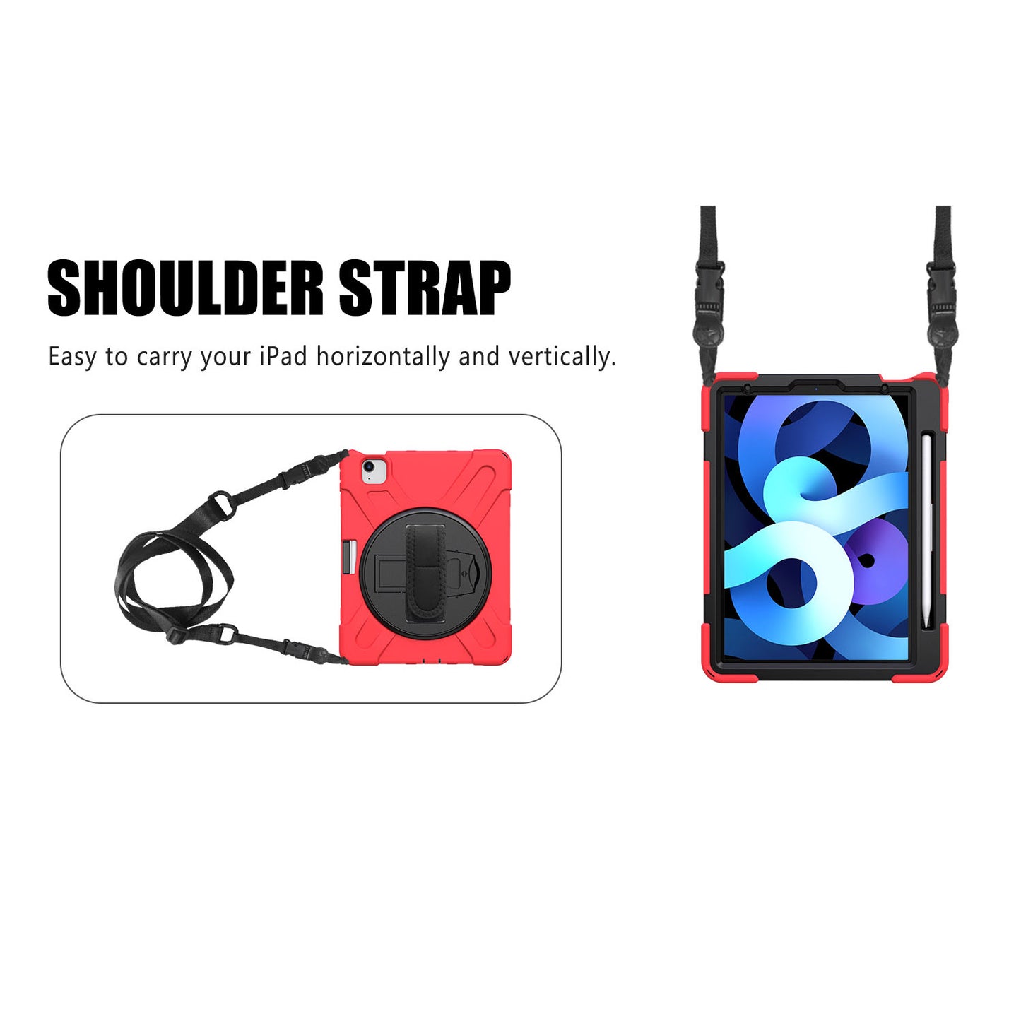 For iPad Air (2020)/Air (2022) / Pro 11-inch (2021)(2020)(2018) X-Shape 360 Degree Swivel PC + Silicone (with Pen Slot) Combo Kickstand Case with Hand Holder Strap Shoulder Strap