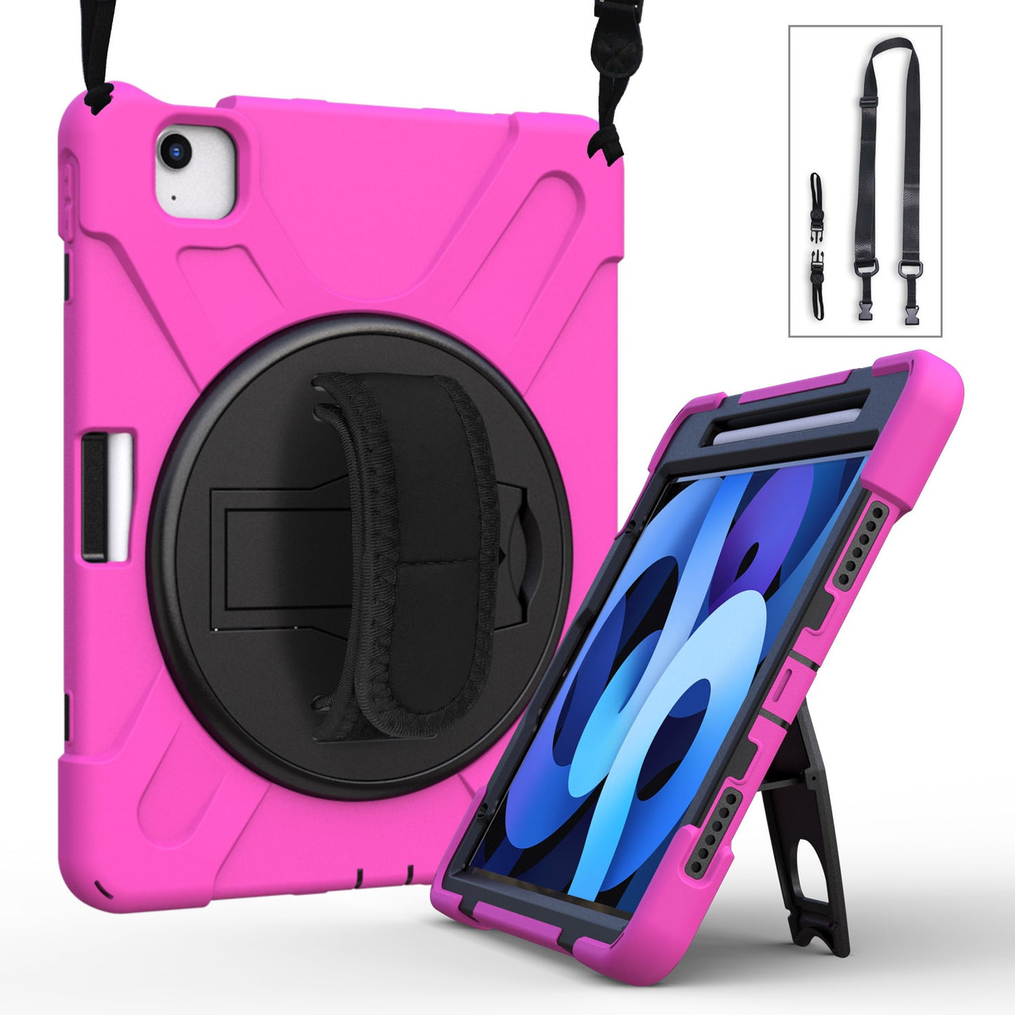 For iPad Air (2020)/Air (2022) / Pro 11-inch (2021)(2020)(2018) X-Shape 360 Degree Swivel PC + Silicone (with Pen Slot) Combo Kickstand Case with Hand Holder Strap Shoulder Strap