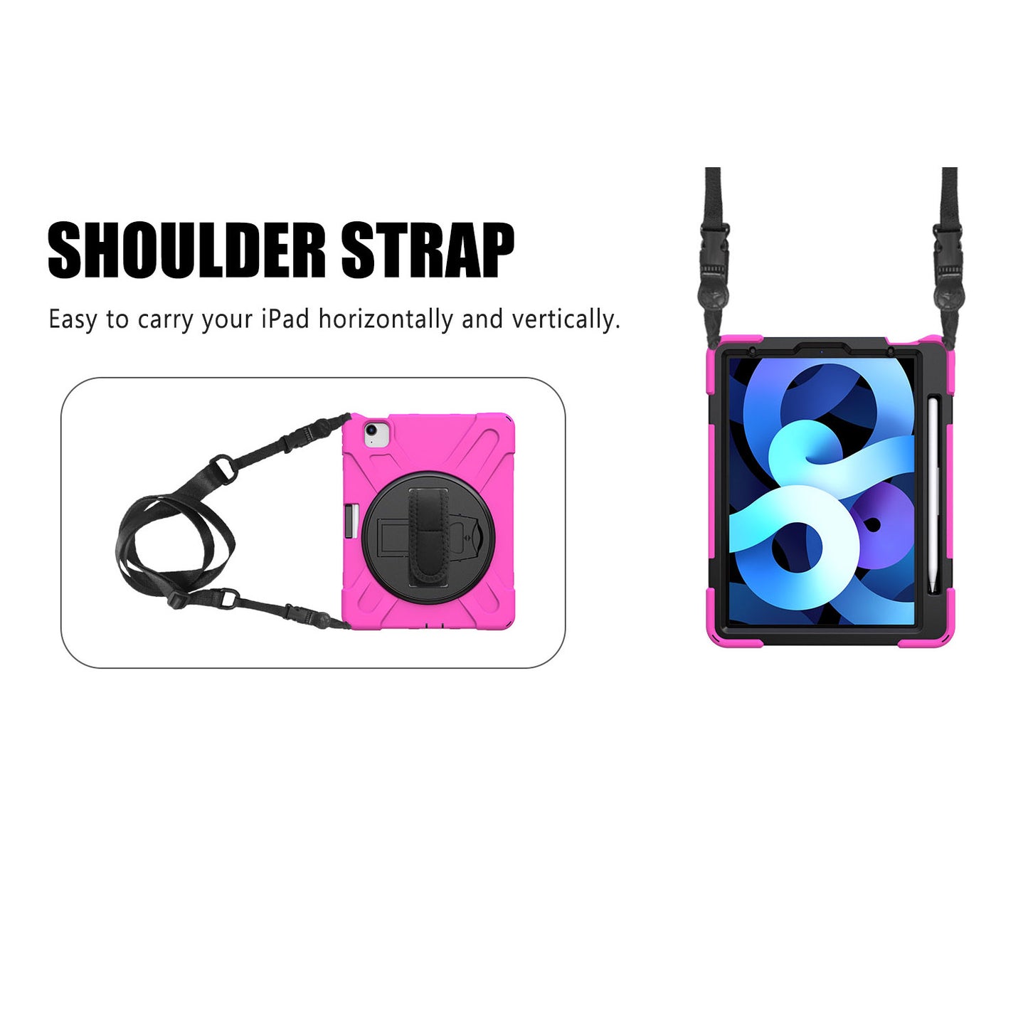 For iPad Air (2020)/Air (2022) / Pro 11-inch (2021)(2020)(2018) X-Shape 360 Degree Swivel PC + Silicone (with Pen Slot) Combo Kickstand Case with Hand Holder Strap Shoulder Strap