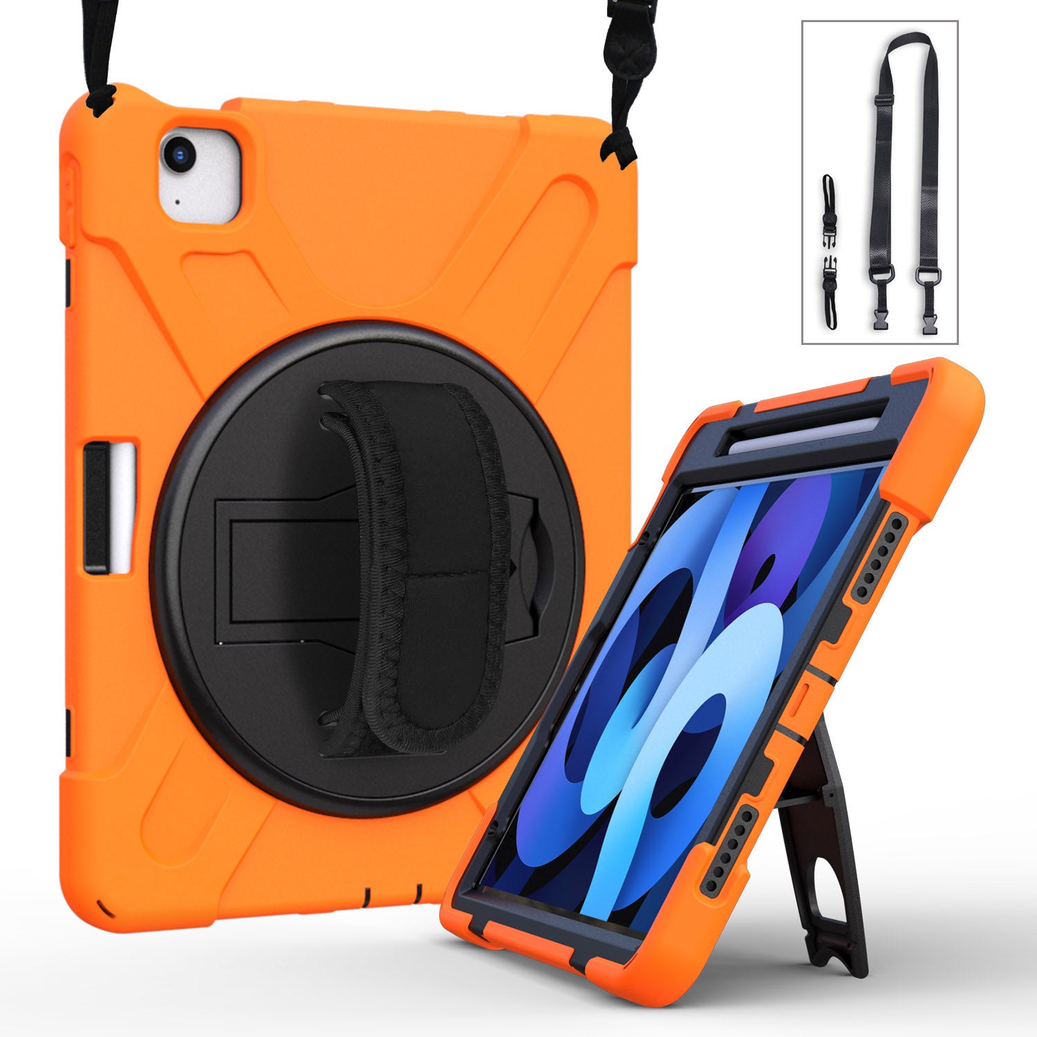 For iPad Air (2020)/Air (2022) / Pro 11-inch (2021)(2020)(2018) X-Shape 360 Degree Swivel PC + Silicone (with Pen Slot) Combo Kickstand Case with Hand Holder Strap Shoulder Strap