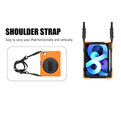For iPad Air (2020)/Air (2022) / Pro 11-inch (2021)(2020)(2018) X-Shape 360 Degree Swivel PC + Silicone (with Pen Slot) Combo Kickstand Case with Hand Holder Strap Shoulder Strap