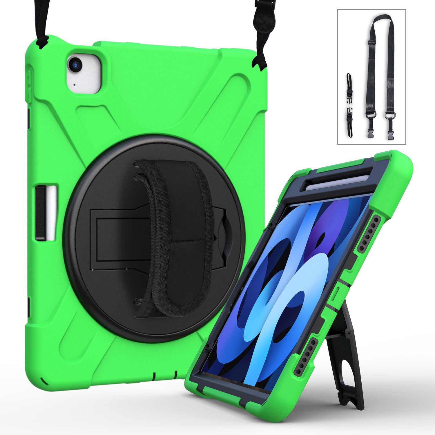 For iPad Air (2020)/Air (2022) / Pro 11-inch (2021)(2020)(2018) X-Shape 360 Degree Swivel PC + Silicone (with Pen Slot) Combo Kickstand Case with Hand Holder Strap Shoulder Strap