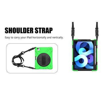 For iPad Air (2020)/Air (2022) / Pro 11-inch (2021)(2020)(2018) X-Shape 360 Degree Swivel PC + Silicone (with Pen Slot) Combo Kickstand Case with Hand Holder Strap Shoulder Strap