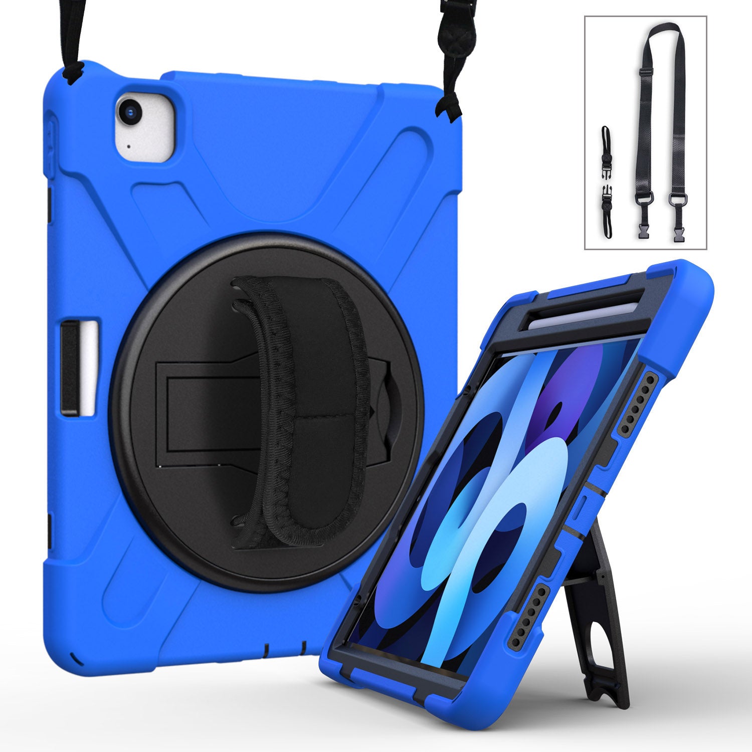 For iPad Air (2020)/Air (2022) / Pro 11-inch (2021)(2020)(2018) X-Shape 360 Degree Swivel PC + Silicone (with Pen Slot) Combo Kickstand Case with Hand Holder Strap Shoulder Strap