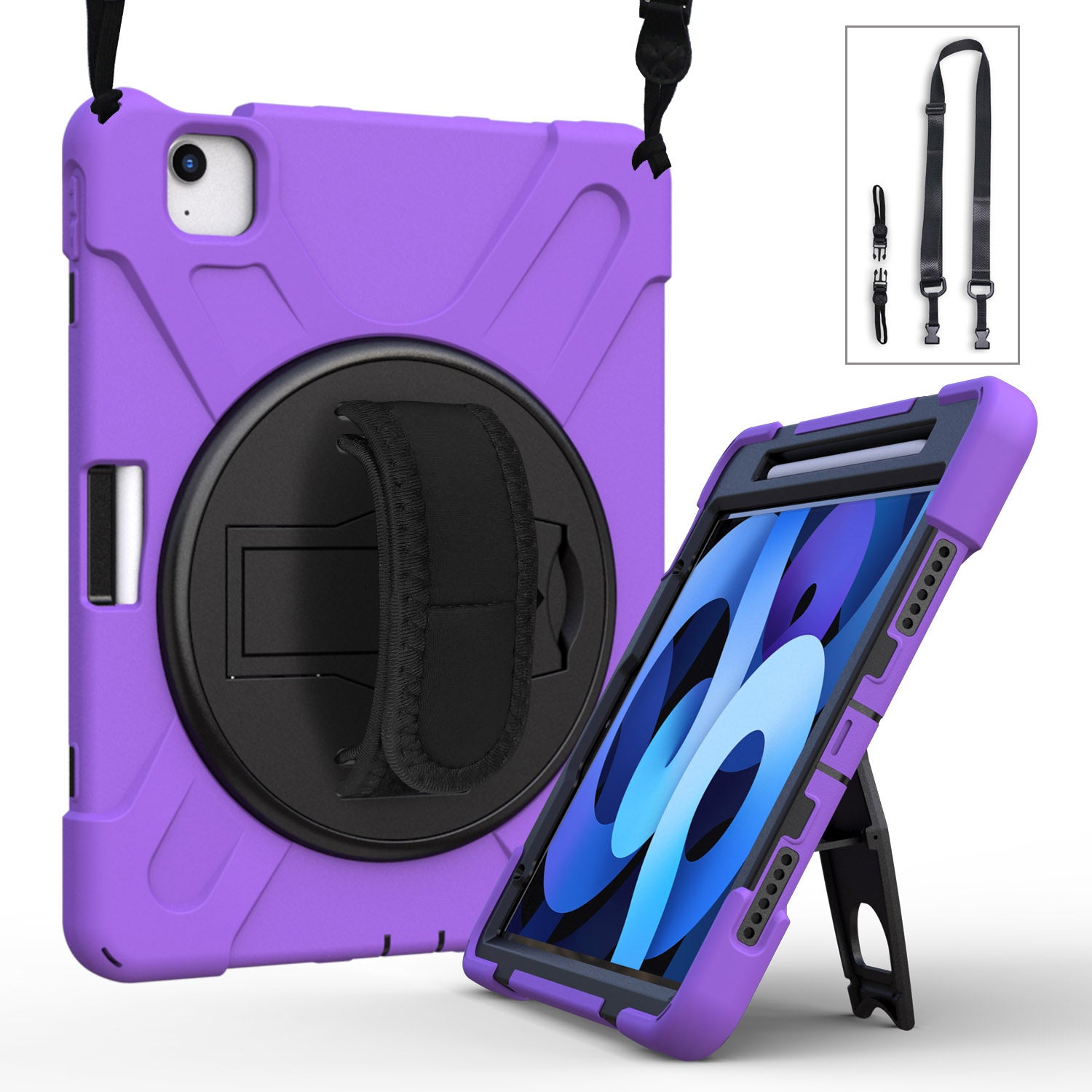 For iPad Air (2020)/Air (2022) / Pro 11-inch (2021)(2020)(2018) X-Shape 360 Degree Swivel PC + Silicone (with Pen Slot) Combo Kickstand Case with Hand Holder Strap Shoulder Strap