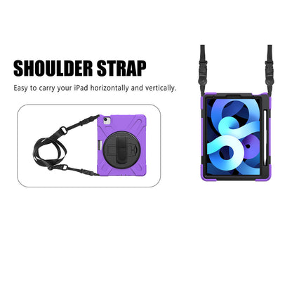 For iPad Air (2020)/Air (2022) / Pro 11-inch (2021)(2020)(2018) X-Shape 360 Degree Swivel PC + Silicone (with Pen Slot) Combo Kickstand Case with Hand Holder Strap Shoulder Strap