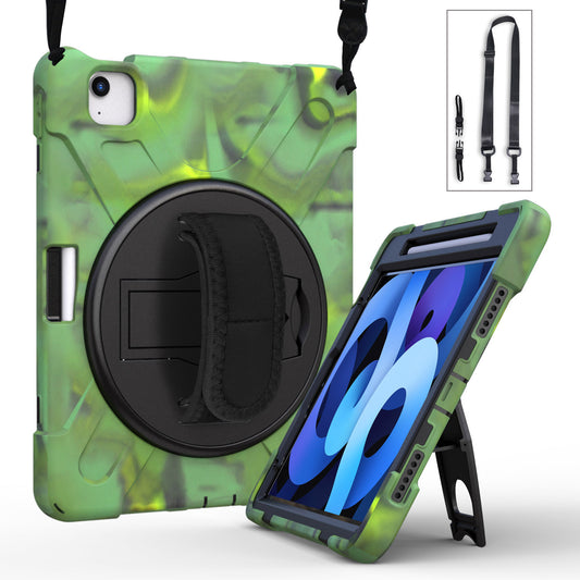 For iPad Air (2020)/Air (2022) / Pro 11-inch (2021)(2020)(2018) X-Shape 360 Degree Swivel PC + Silicone (with Pen Slot) Combo Kickstand Case with Hand Holder Strap Shoulder Strap