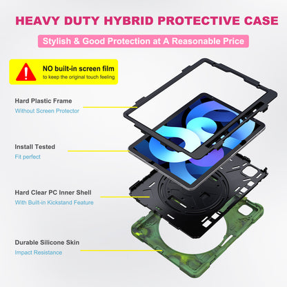For iPad Air (2020)/Air (2022) / Pro 11-inch (2021)(2020)(2018) X-Shape 360 Degree Swivel PC + Silicone (with Pen Slot) Combo Kickstand Case with Hand Holder Strap Shoulder Strap