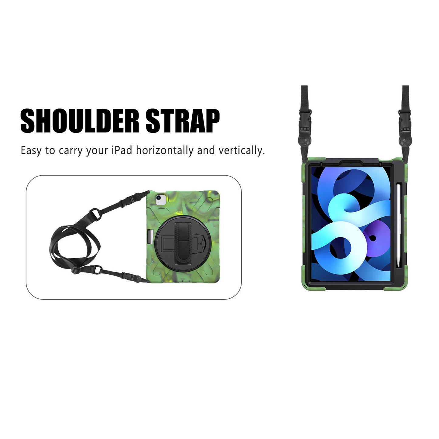 For iPad Air (2020)/Air (2022) / Pro 11-inch (2021)(2020)(2018) X-Shape 360 Degree Swivel PC + Silicone (with Pen Slot) Combo Kickstand Case with Hand Holder Strap Shoulder Strap