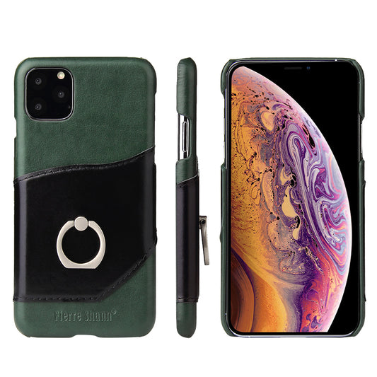 FIERRE SHANN Kickstand Card Slot Genuine Leather Coated PC Phone Case for iPhone 11 6.1 inch (2019)