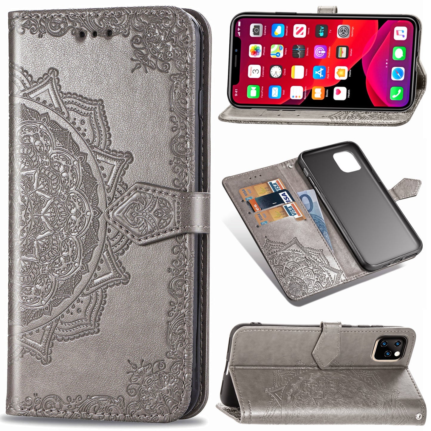 Embossed Mandala Flower Leather Wallet Case for iPhone 11 Pro 5.8 inch (2019)