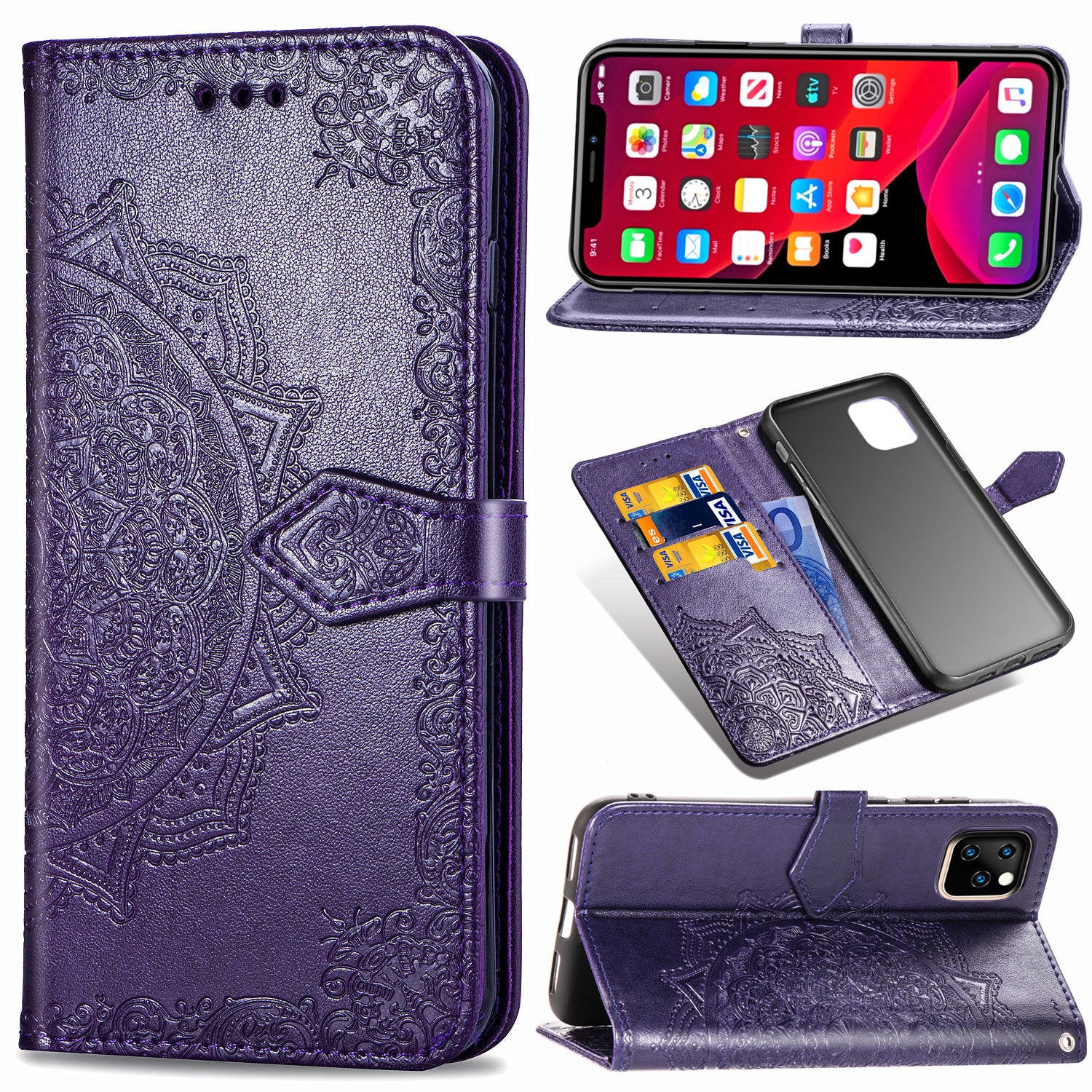 Embossed Mandala Flower Leather Wallet Stand Case for iPhone 11 6.1 inch (2019)