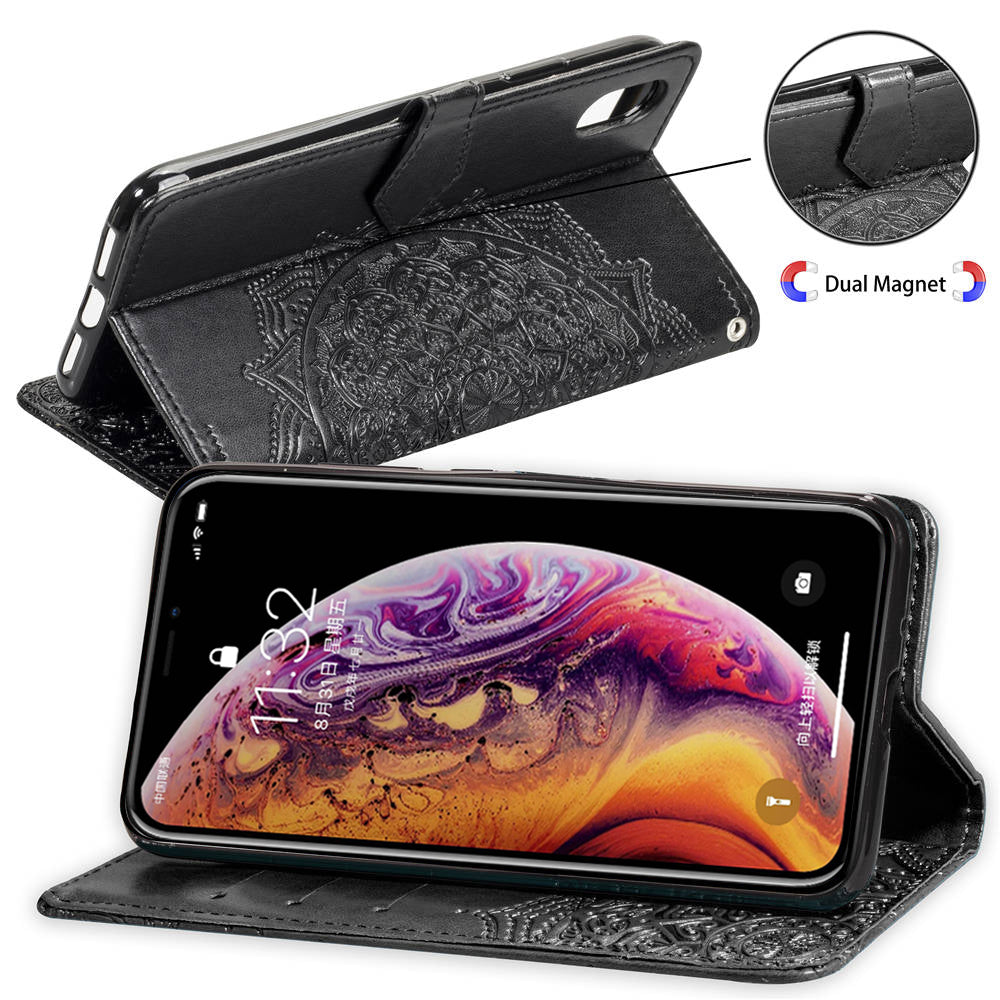 Embossed Mandala Flower Leather Wallet Case for iPhone XS/X 5.8 inch