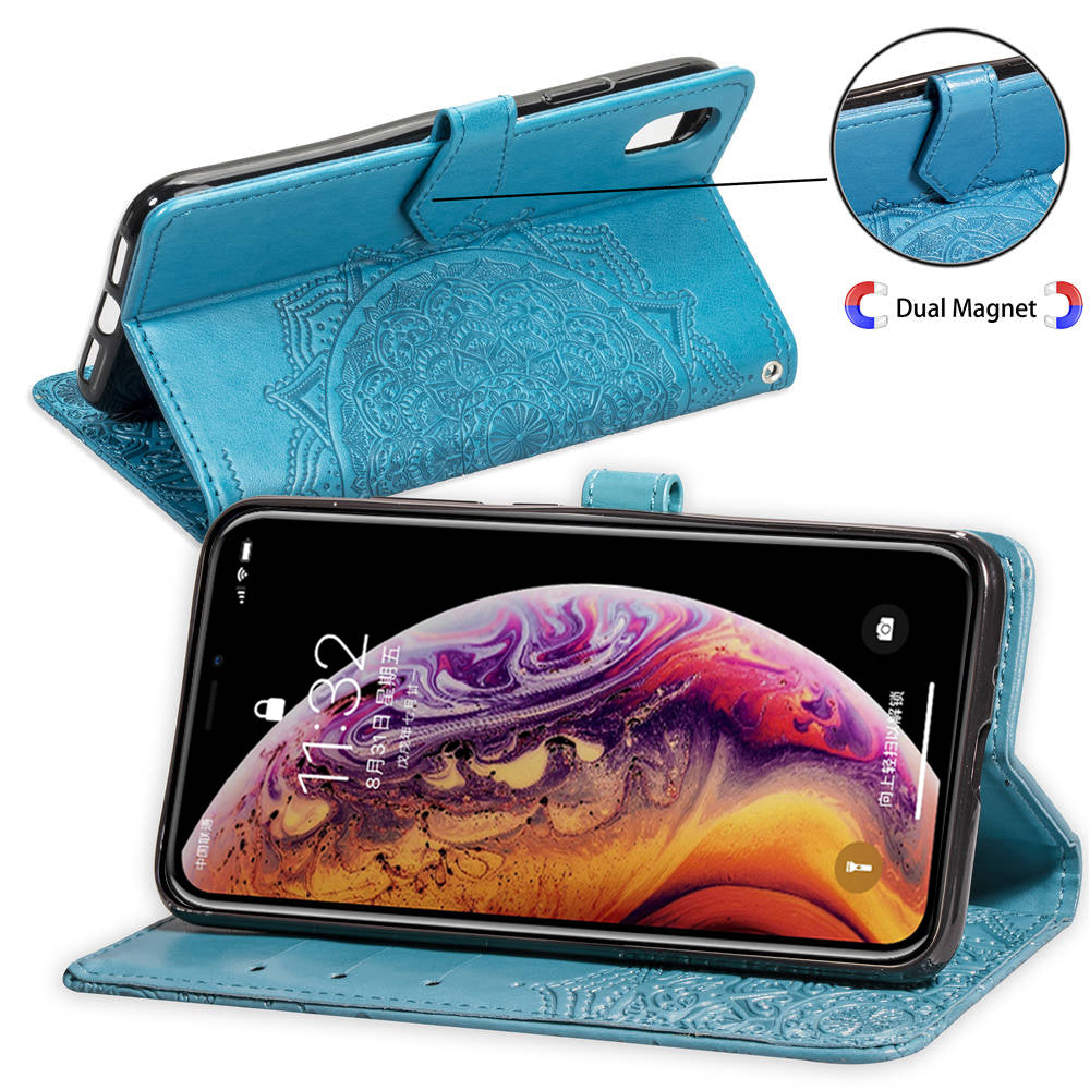 Embossed Mandala Flower Leather Wallet Case for iPhone XS/X 5.8 inch