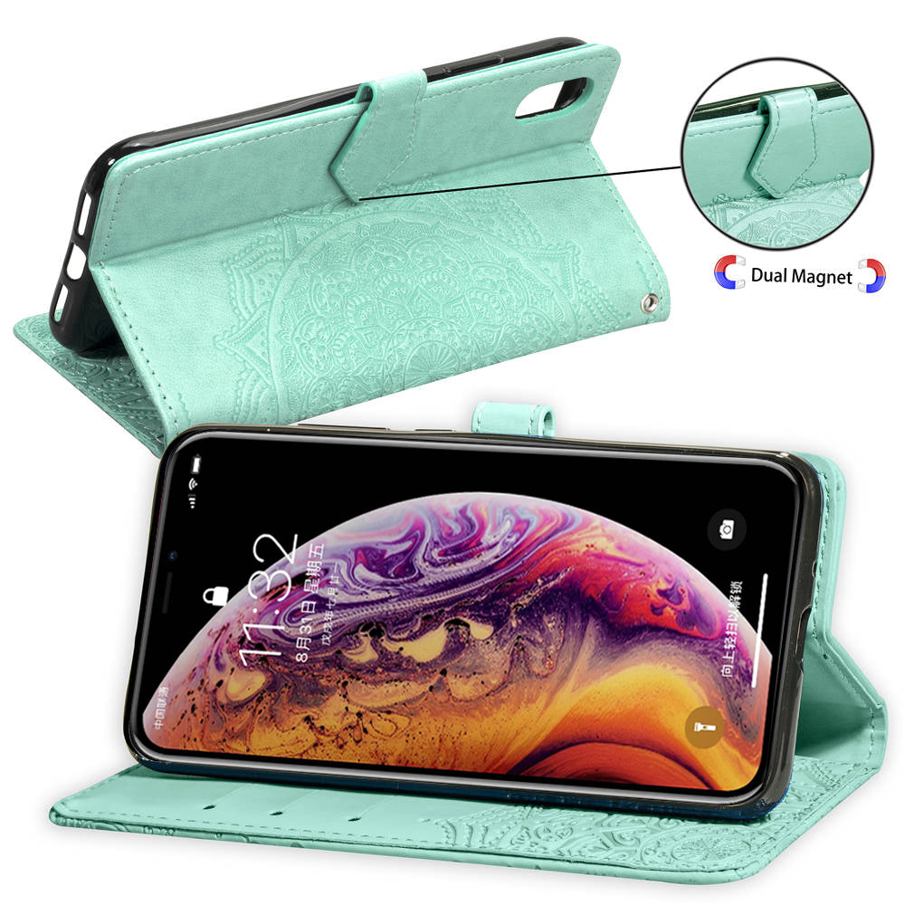 Embossed Mandala Flower Leather Wallet Case for iPhone XS/X 5.8 inch