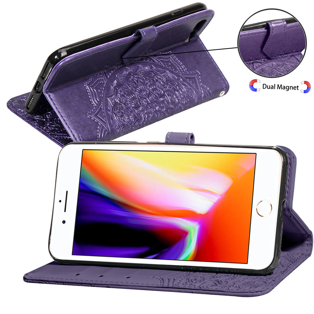 Embossed Mandala Flower Leather Wallet Case for iPhone 8 Plus / 7 Plus