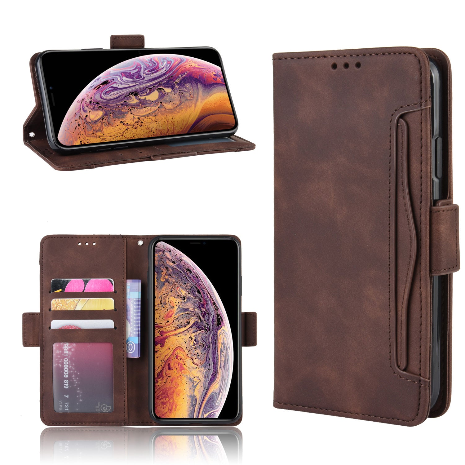 Leather Wallet Stand Phone Cover Case with Multiple Card Slots for iPhone X / XS 5.8 inch