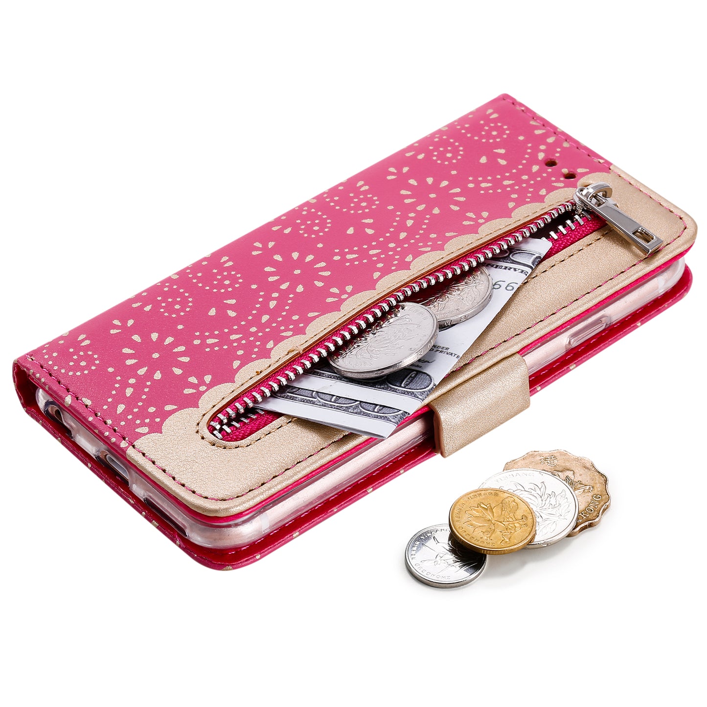Lace Flower Pattern Zipper Leather Wallet Case for iPhone 6/6s