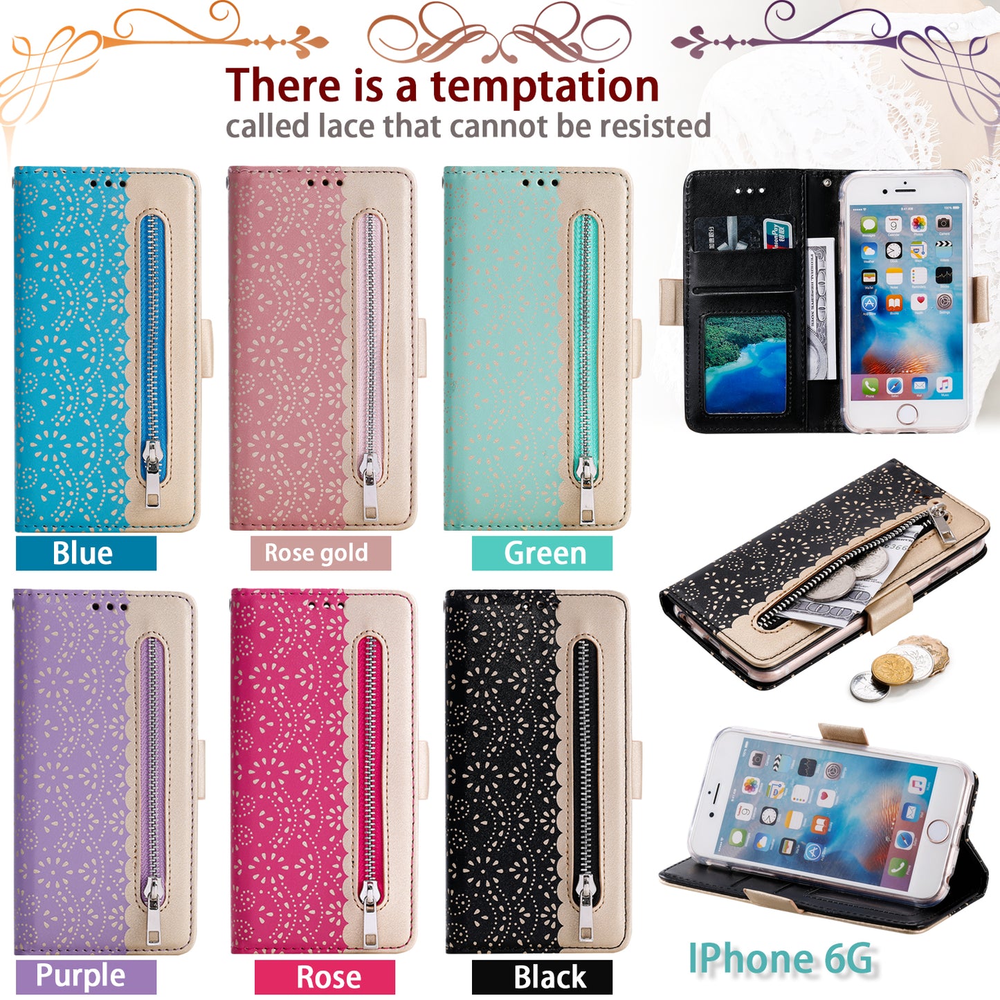 Lace Flower Pattern Zipper Leather Wallet Case for iPhone 6/6s