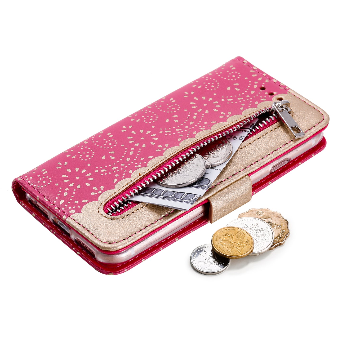 Lace Flower Zipper Pocket Leather Wallet Phone Case for iPhone SE (2020)/SE (2022)/7/8