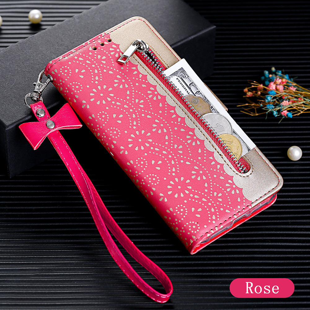 Lace Flower Zipper Pocket Leather Wallet Phone Case for iPhone SE (2020)/SE (2022)/7/8