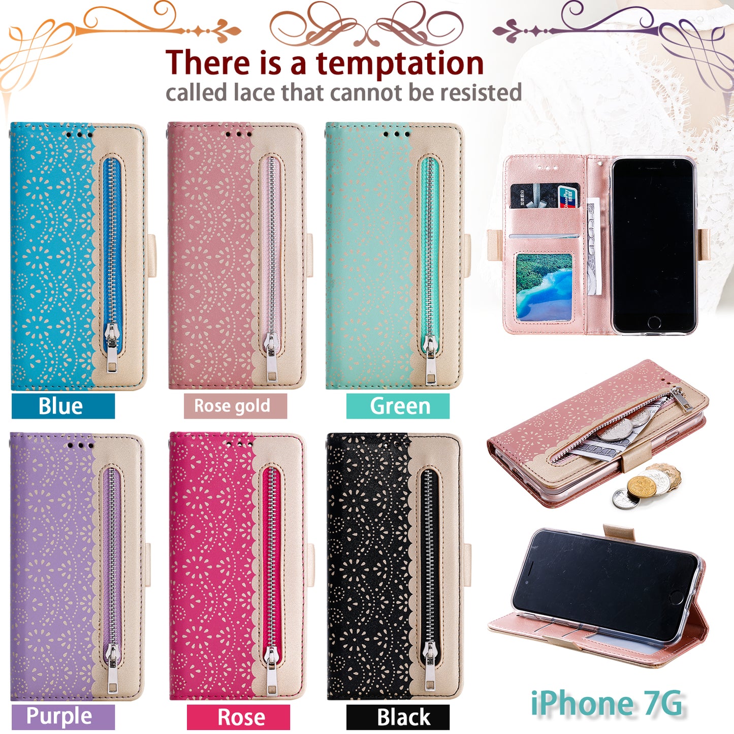 Lace Flower Zipper Pocket Leather Wallet Phone Case for iPhone SE (2020)/SE (2022)/7/8