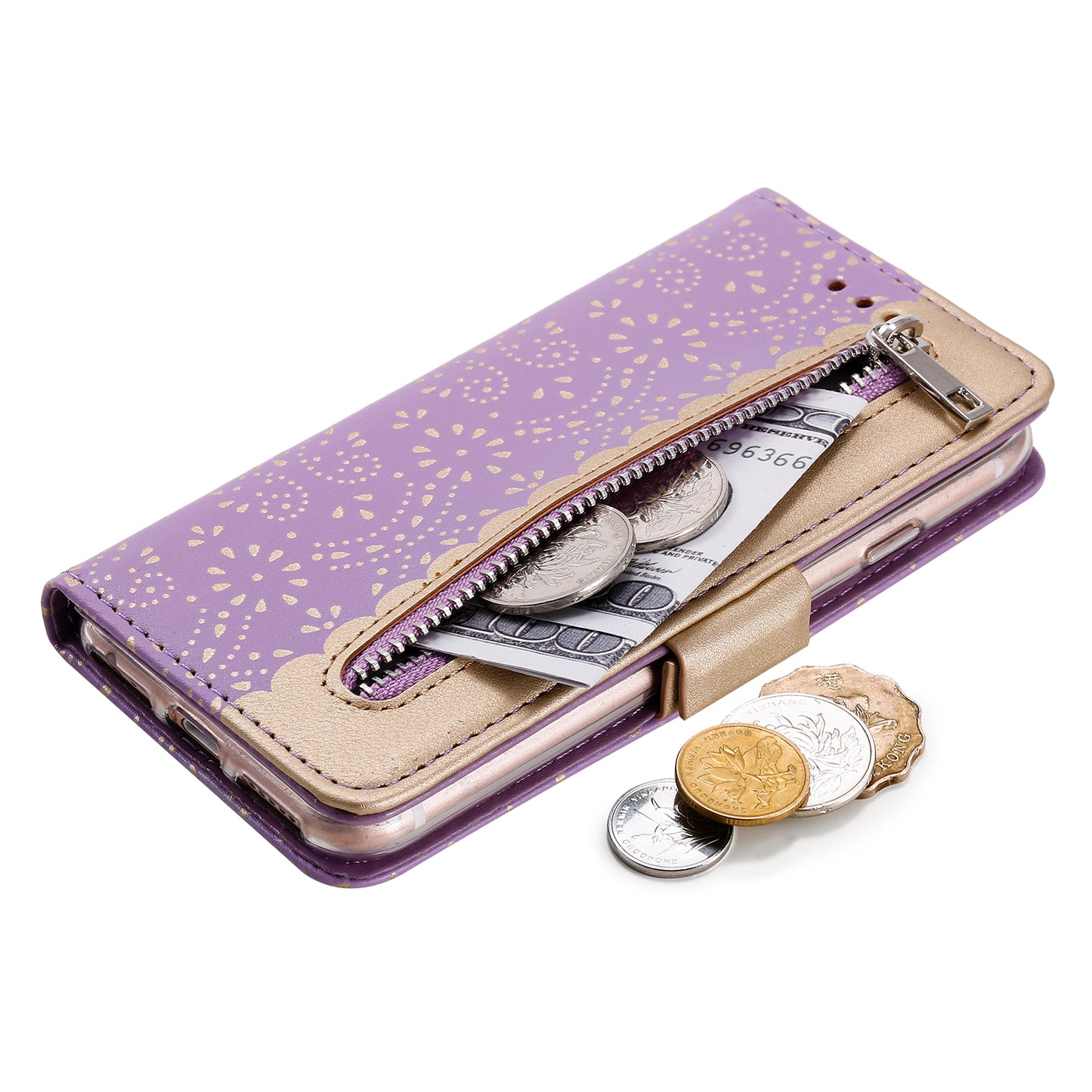Lace Flower Zipper Pocket Leather Wallet Phone Case for iPhone SE (2020)/SE (2022)/7/8