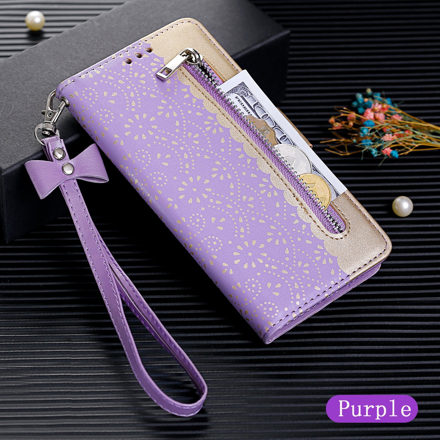Lace Flower Zipper Pocket Leather Wallet Phone Case for iPhone SE (2020)/SE (2022)/7/8