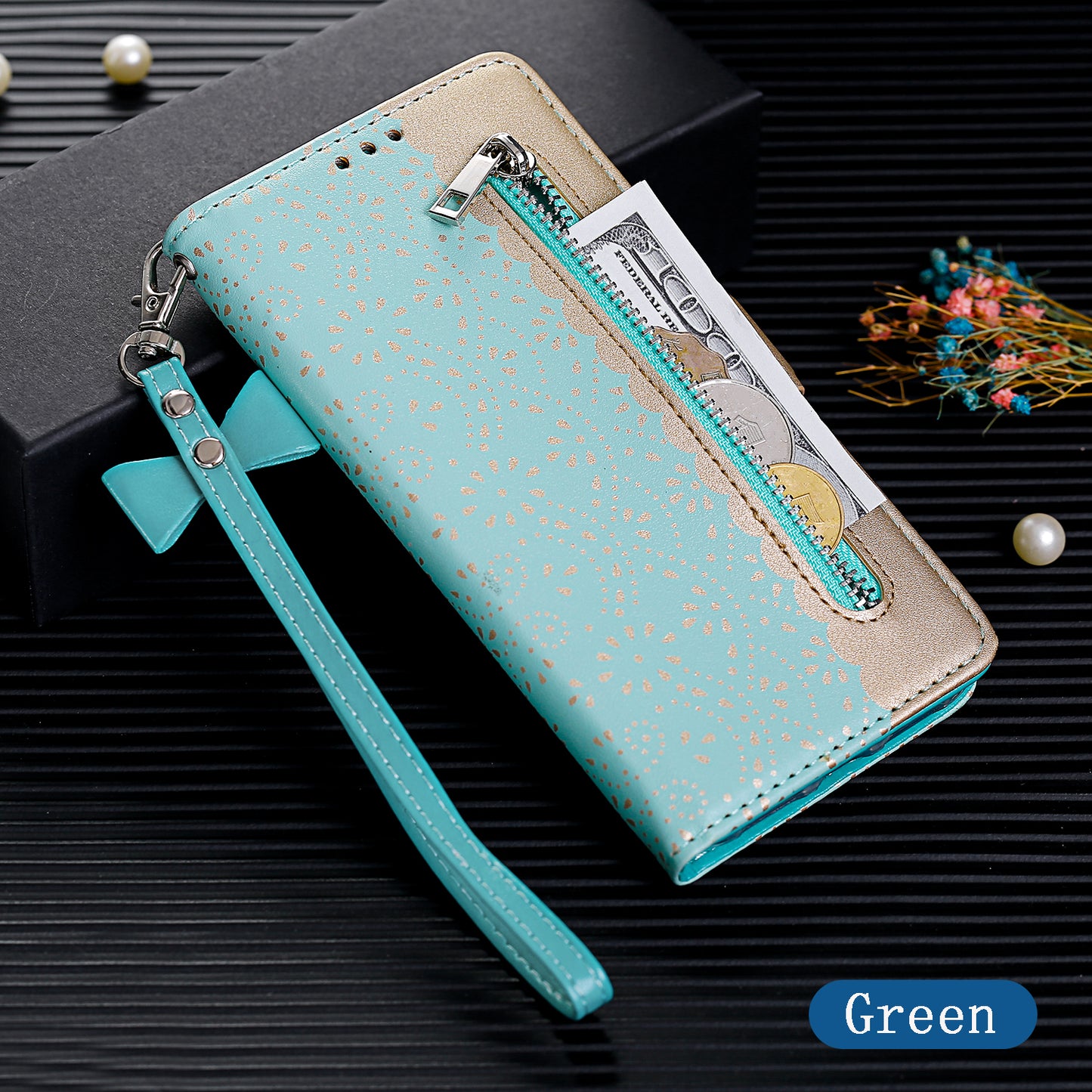 Lace Flower Zipper Pocket Leather Wallet Phone Case for iPhone SE (2020)/SE (2022)/7/8