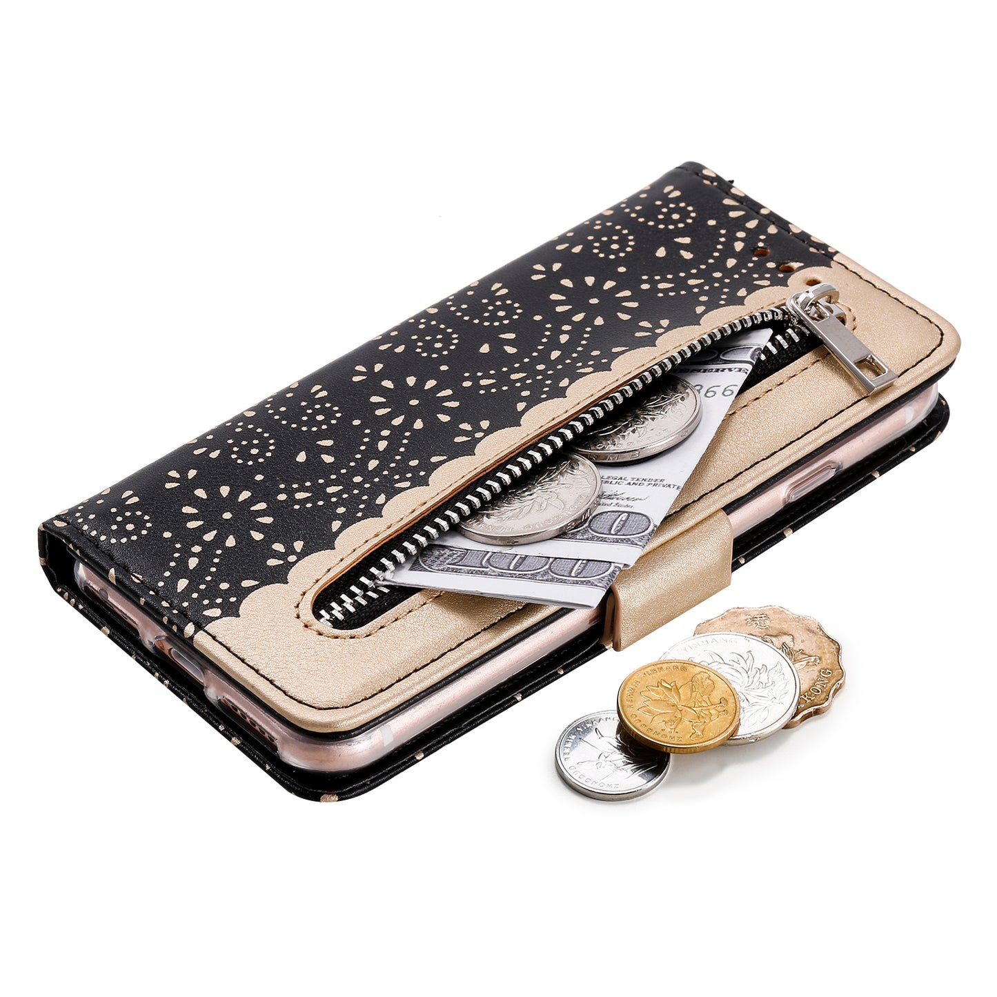 Lace Flower Zipper Pocket Leather Wallet Phone Case for iPhone SE (2020)/SE (2022)/7/8
