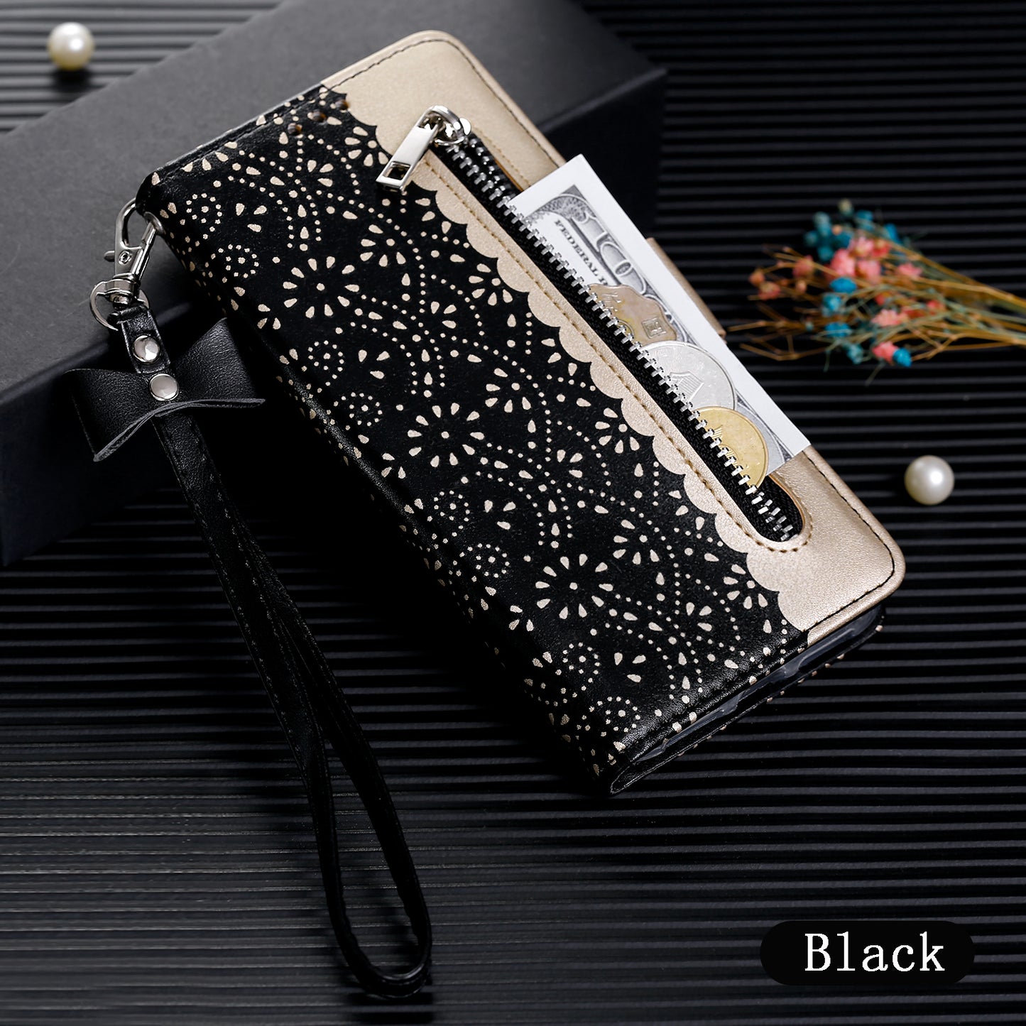 Lace Flower Zipper Pocket Leather Wallet Phone Case for iPhone SE (2020)/SE (2022)/7/8