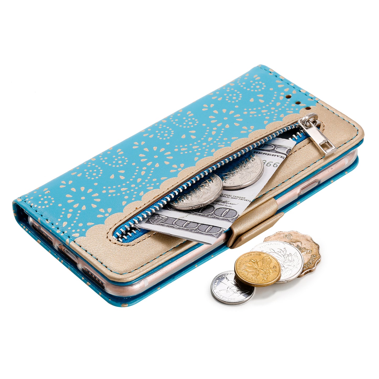 Lace Flower Zipper Pocket Leather Wallet Phone Case for iPhone SE (2020)/SE (2022)/7/8
