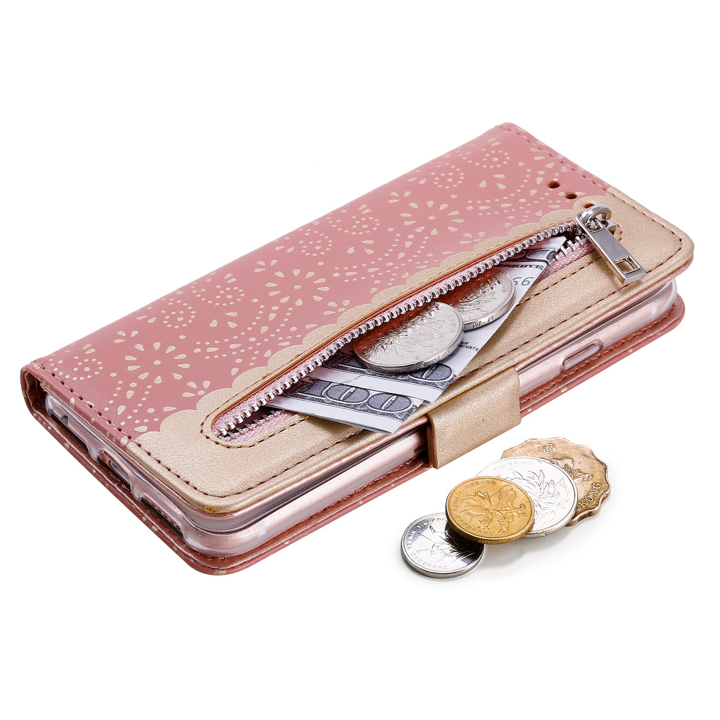 Lace Flower Zipper Pocket Leather Wallet Phone Case for iPhone SE (2020)/SE (2022)/7/8