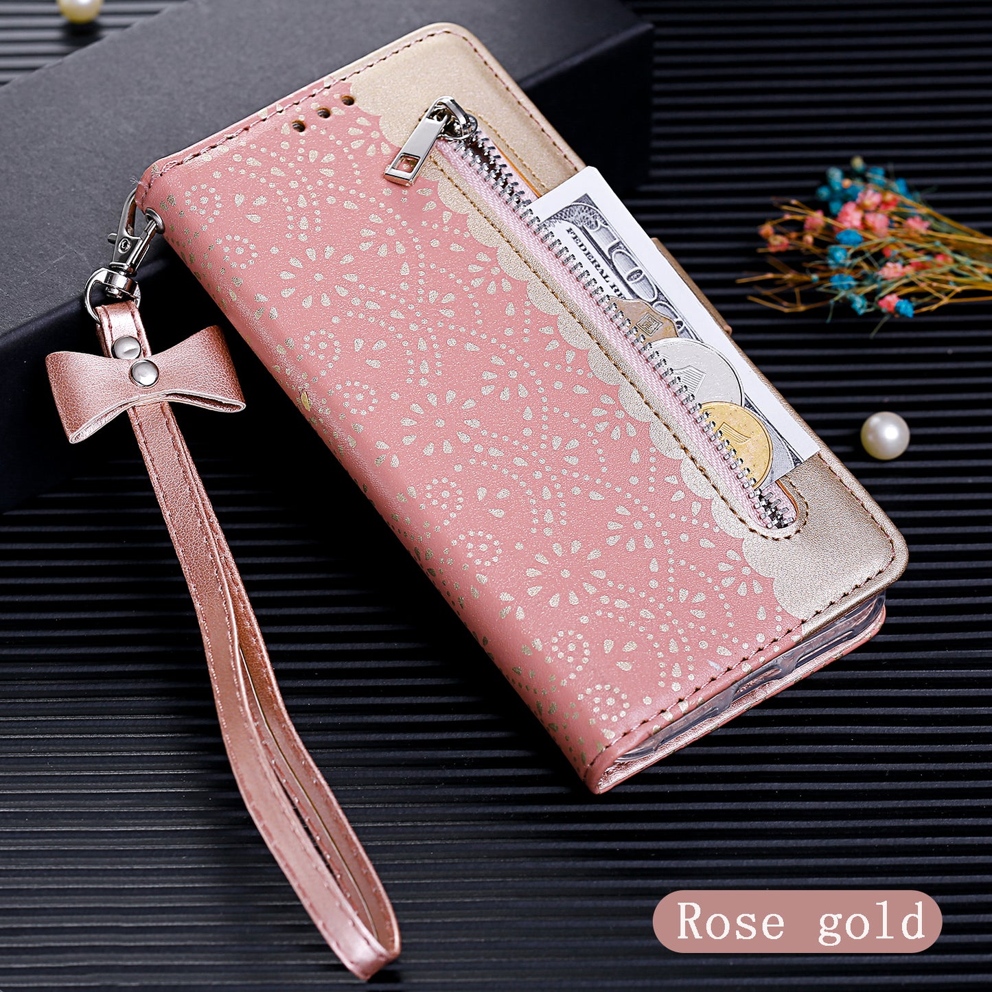 Lace Flower Zipper Pocket Leather Wallet Phone Case for iPhone SE (2020)/SE (2022)/7/8