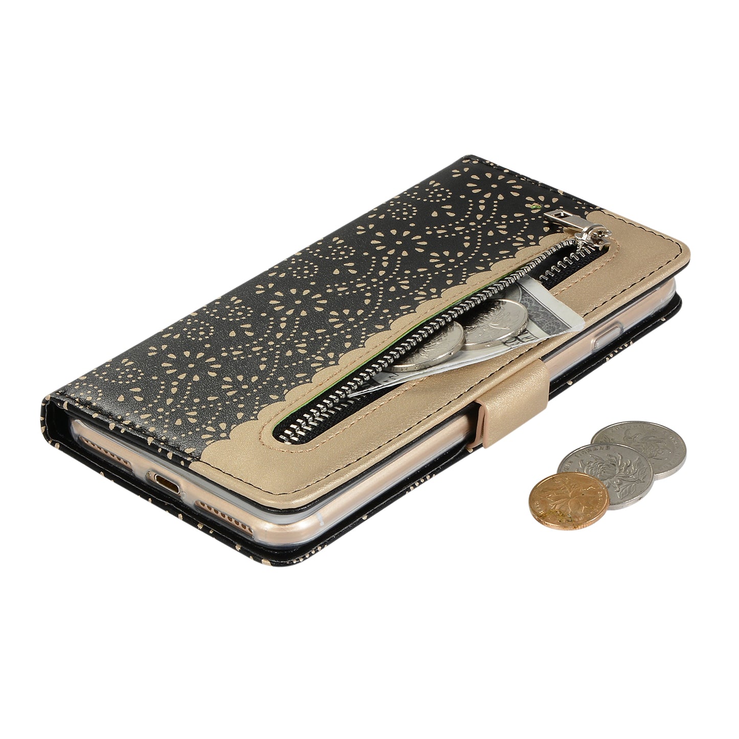 Lace Flower Pattern Zipper Pocket Leather Phone Cover Wallet for iPhone 7 Plus/8 Plus