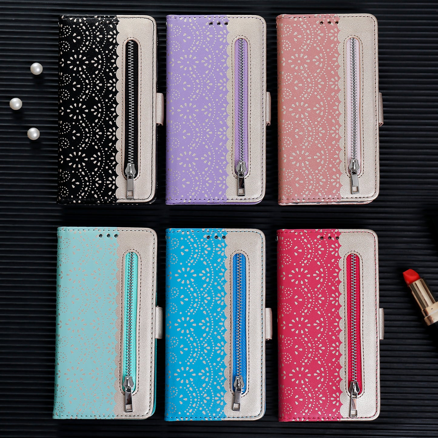 Lace Flower Pattern Zipper Pocket Leather Phone Cover Wallet for iPhone 7 Plus/8 Plus