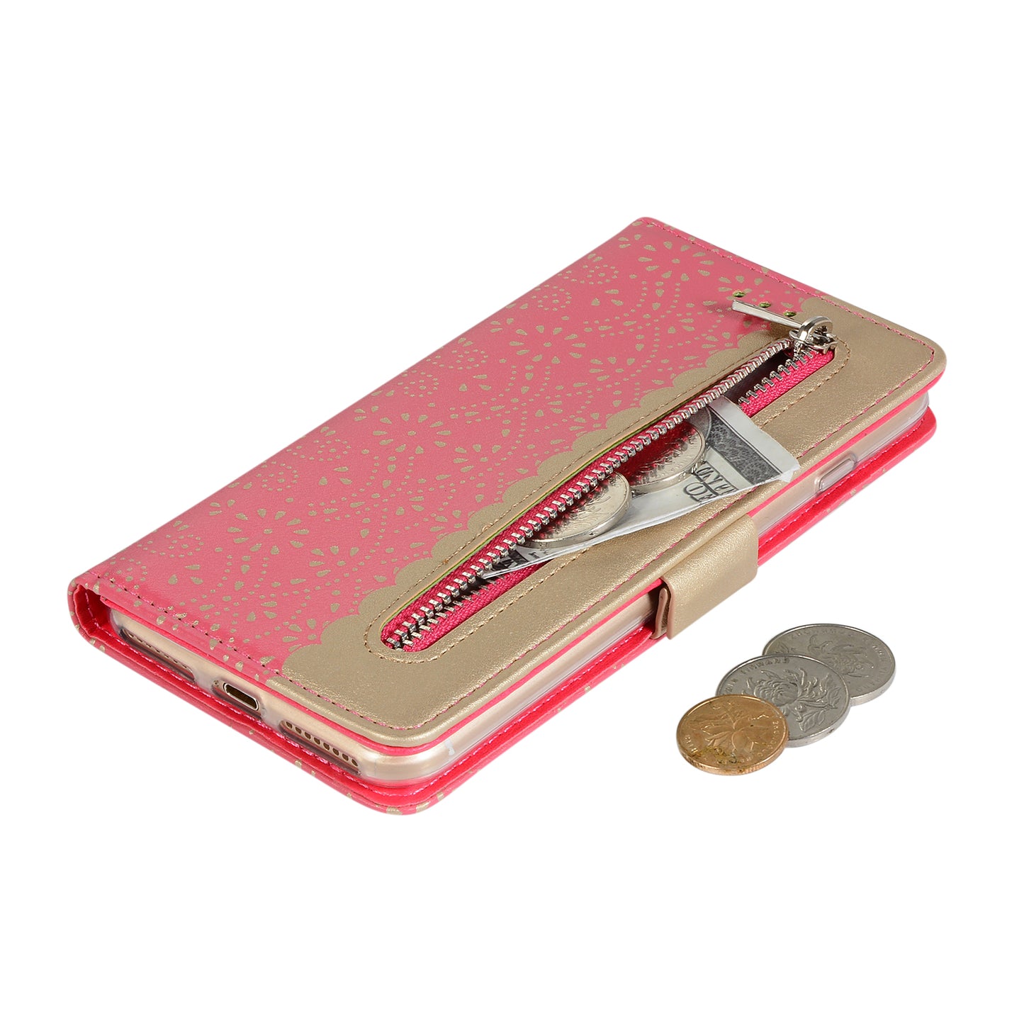 Lace Flower Pattern Zipper Pocket Leather Phone Cover Wallet for iPhone 7 Plus/8 Plus