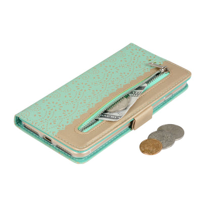 Lace Flower Pattern Zipper Pocket Leather Phone Cover Wallet for iPhone 7 Plus/8 Plus